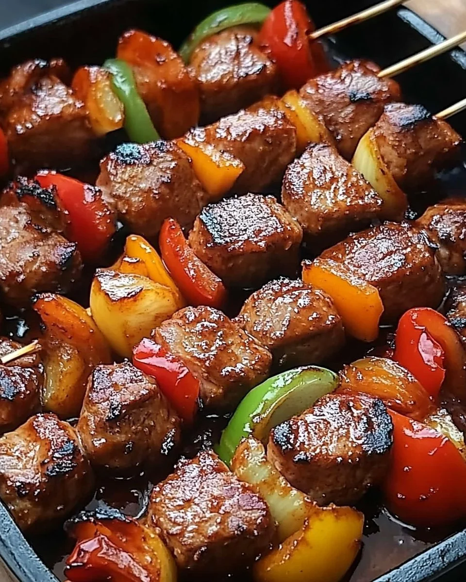 Delizious Schaschlik auf einem Grill serviert mit frischem Gemüse.